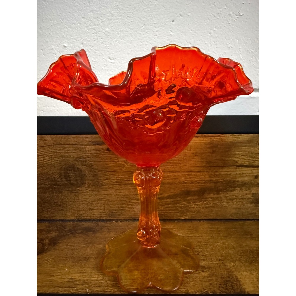 Vintage Amberina Cadmium Glass Compote Ruffled Grape Pedestal Bowl Glows UV